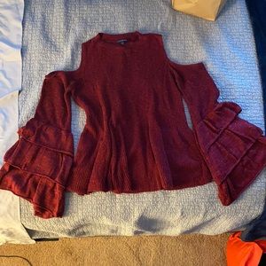Express Burgundy Peplum Shirt, Shoulderless Butterfly Tiered Sleeves